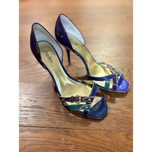 Charles David Strappy Heels Multicolor Peep Toe Patent Leather Gold Buckle 7.5B